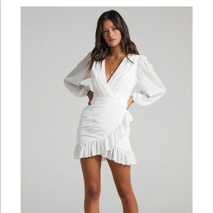 Showpo Can I Be Your Honey Plunge Balloon Sleeve Mini Dress in White